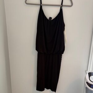 S-Twelve Black Midi Slip Dress with Spaghetti Straps